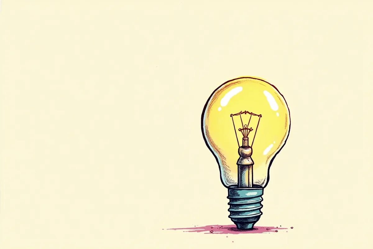 Une grande ampoule de verre au filament incandescent, vissée dans une douille nue, le tout dessiné à l'encre sur trame d'imprimerie.