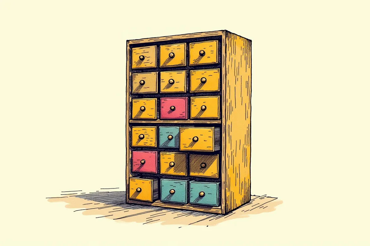 Une armoire de bois à dix-huit tiroirs carrés rangés en grille, quelques-uns peints en rose, turquoise ou brun, dessinée à l'encre sur trame d'imprimerie.
