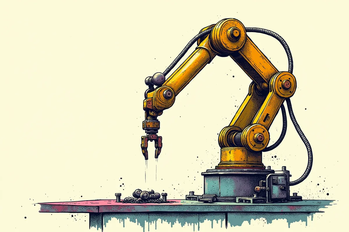 Un bras robotisé articulé fixé sur un établi, sa pince ouverte au-dessus d'une petite pièce métallique, le tout dessiné à l'encre sur trame d'imprimerie.