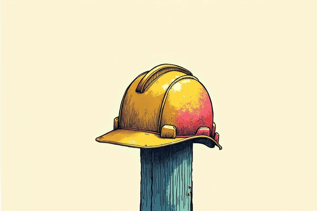 Un casque de chantier usé posé sur un poteau de bois, le tout dessiné à l'encre sur trame d'imprimerie.
