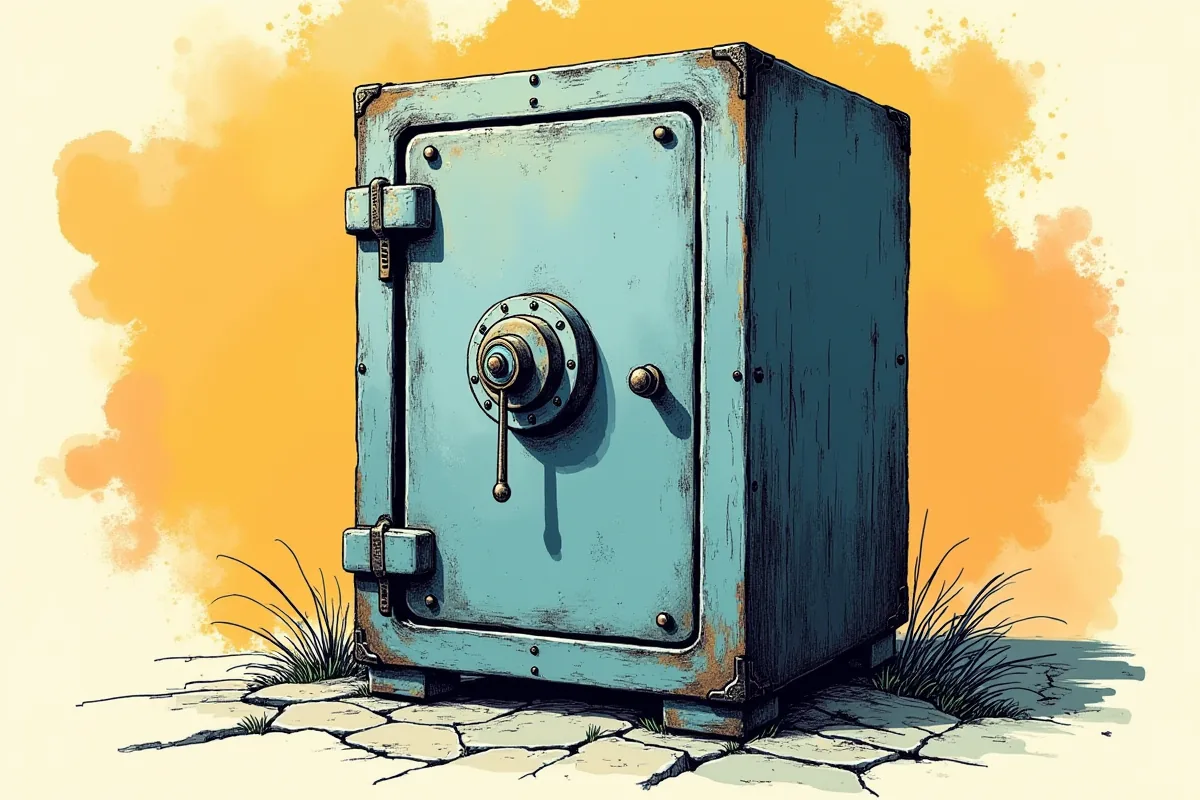 Un coffre-fort de fer vu de face, sa porte épaisse fermée par une grosse molette de combinaison, le tout dessiné à l'encre sur trame d'imprimerie.