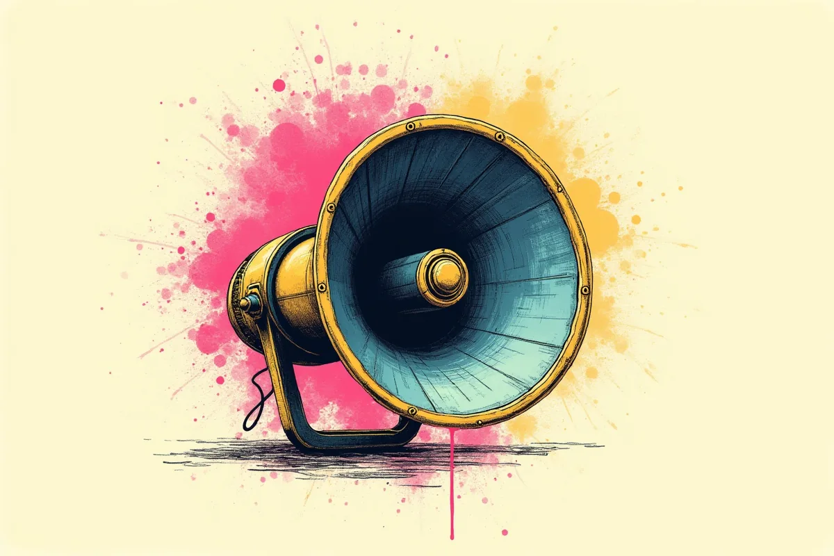 Un grand mégaphone à pavillon vu de face, son embouchure évasée occupant toute l'image, le tout dessiné à l'encre sur trame d'imprimerie.
