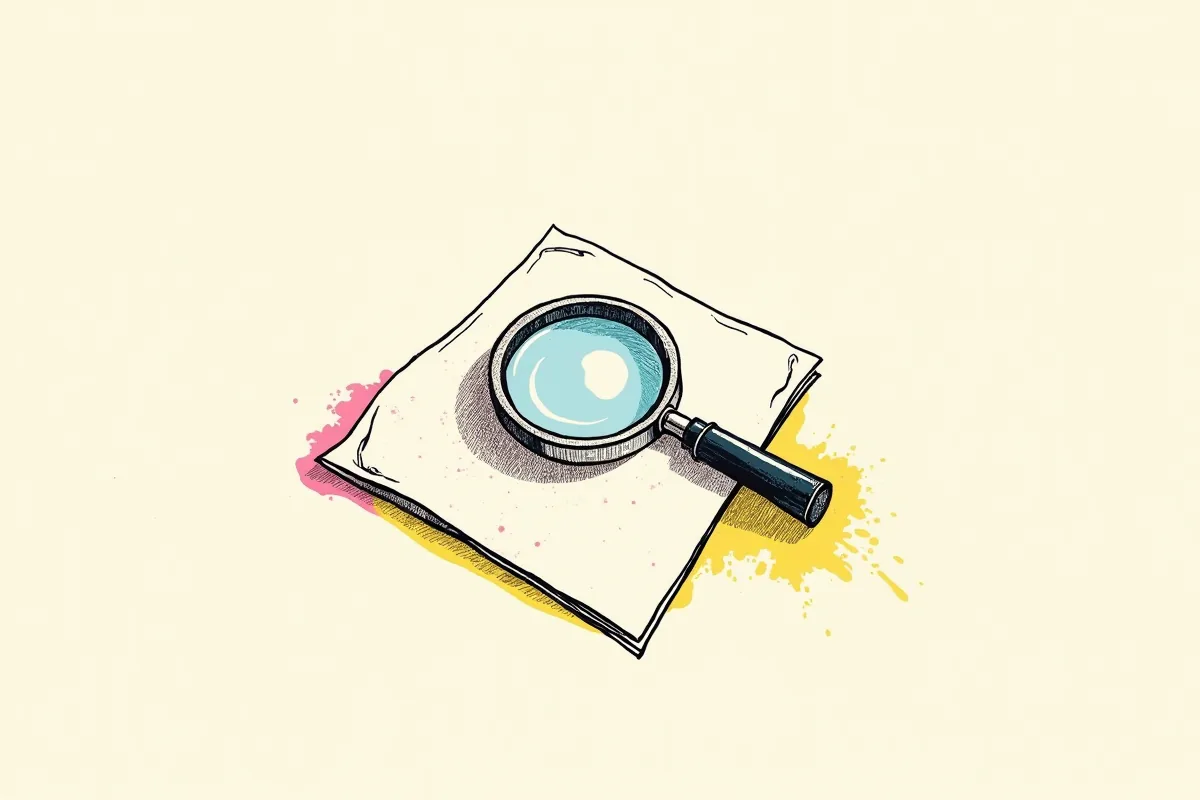 Une loupe posée en diagonale sur une feuille de papier esquissée au trait, sur fond crème avec des éclaboussures magenta et moutarde.