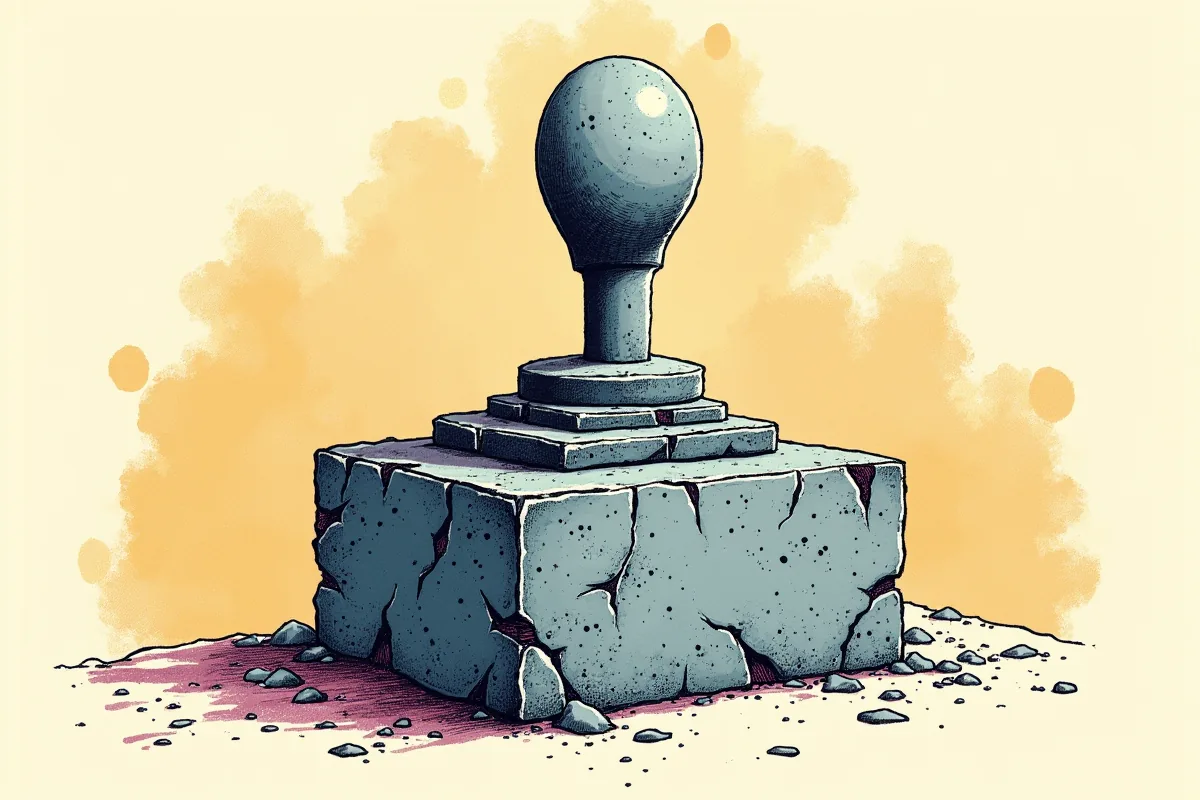 Un gros interrupteur à levier taillé dans la pierre granitique, manche incliné et socle gravé de veinures, dessiné à l'encre sur fond crème.