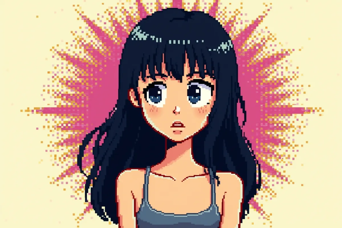 Portrait en pixel art d'une jeune fille aux longs cheveux noirs et à la frange droite, grands yeux bleus, fines bretelles, devant un éclat de rayons roses et jaunes sur fond crème.