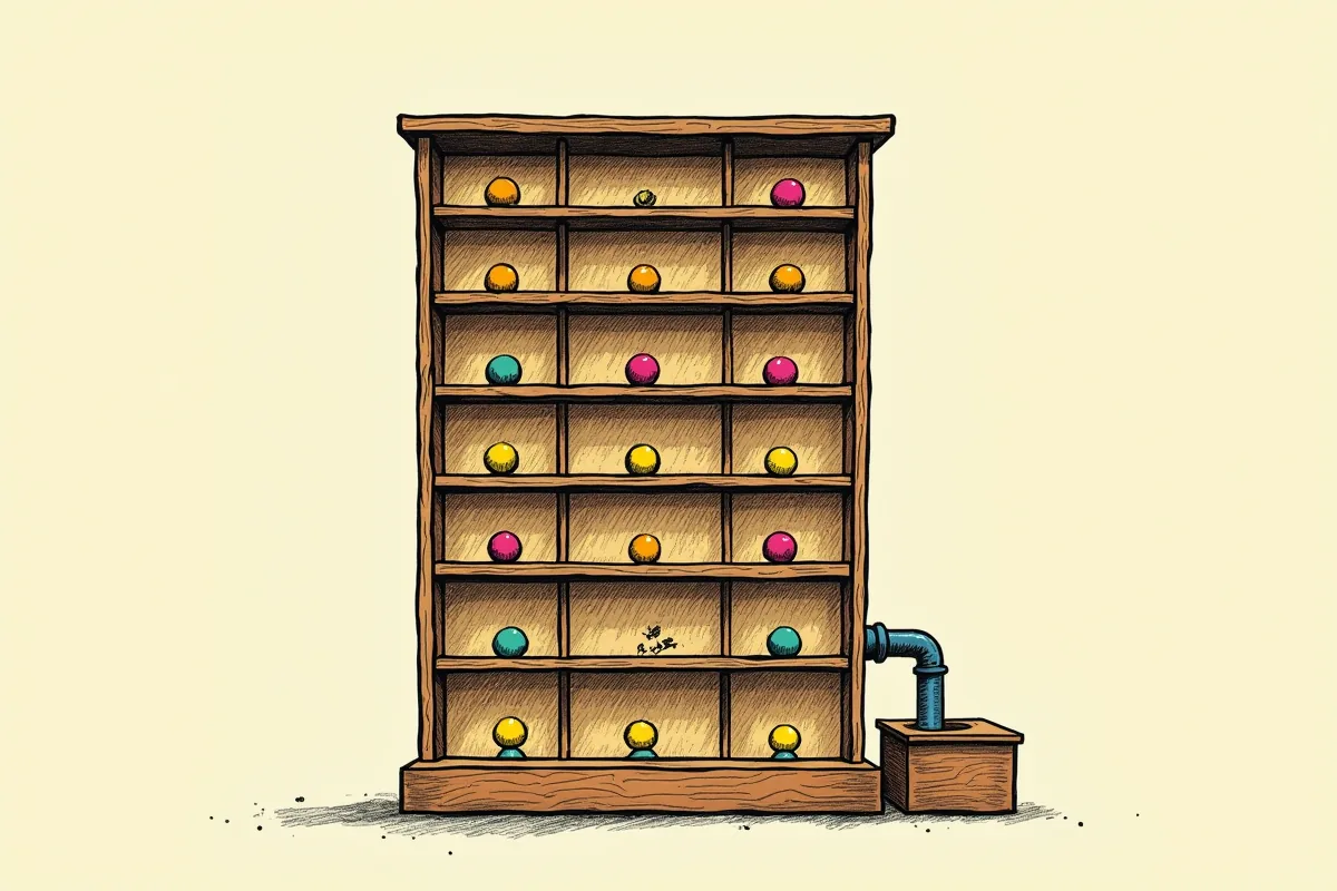 Une armoire de tri en bois qui remplit le cadre, ses cases carrées garnies de billes colorées, et un tuyau coudé qui descend du bas de l'armoire vers une petite boîte fermée posée au sol, dessinée à l'encre d'un trait épais sur trame d'imprimerie crème, magenta, cyan et moutarde. L'image dit le tri d'un mélange d'experts, où seule une part des cases alimente la suite.