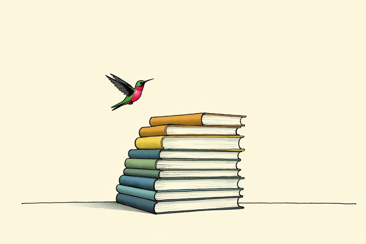 Un petit colibri géométrique en vol devant une haute pile de livres vierges, quelques volumes ressortant en couleur sur une trame d'imprimerie crème, magenta et moutarde.