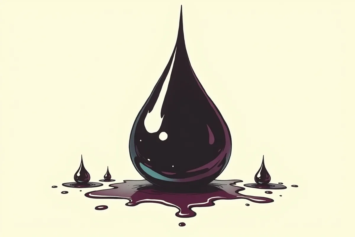 Une grosse goutte épaisse de liquide sombre et brillant vue de face, occupant toute l'image, avec trois gouttes plus petites à côté et une traînée de gouttelettes en dessous, le tout dessiné à l'encre sur trame d'imprimerie crème, magenta et moutarde.