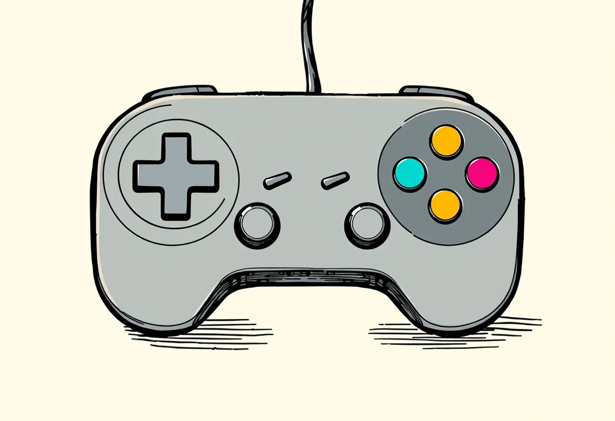 Une manette de jeu filaire vue de face, croix directionnelle à gauche et quatre boutons colorés à droite, dessinée au trait d'encre sur fond crème.