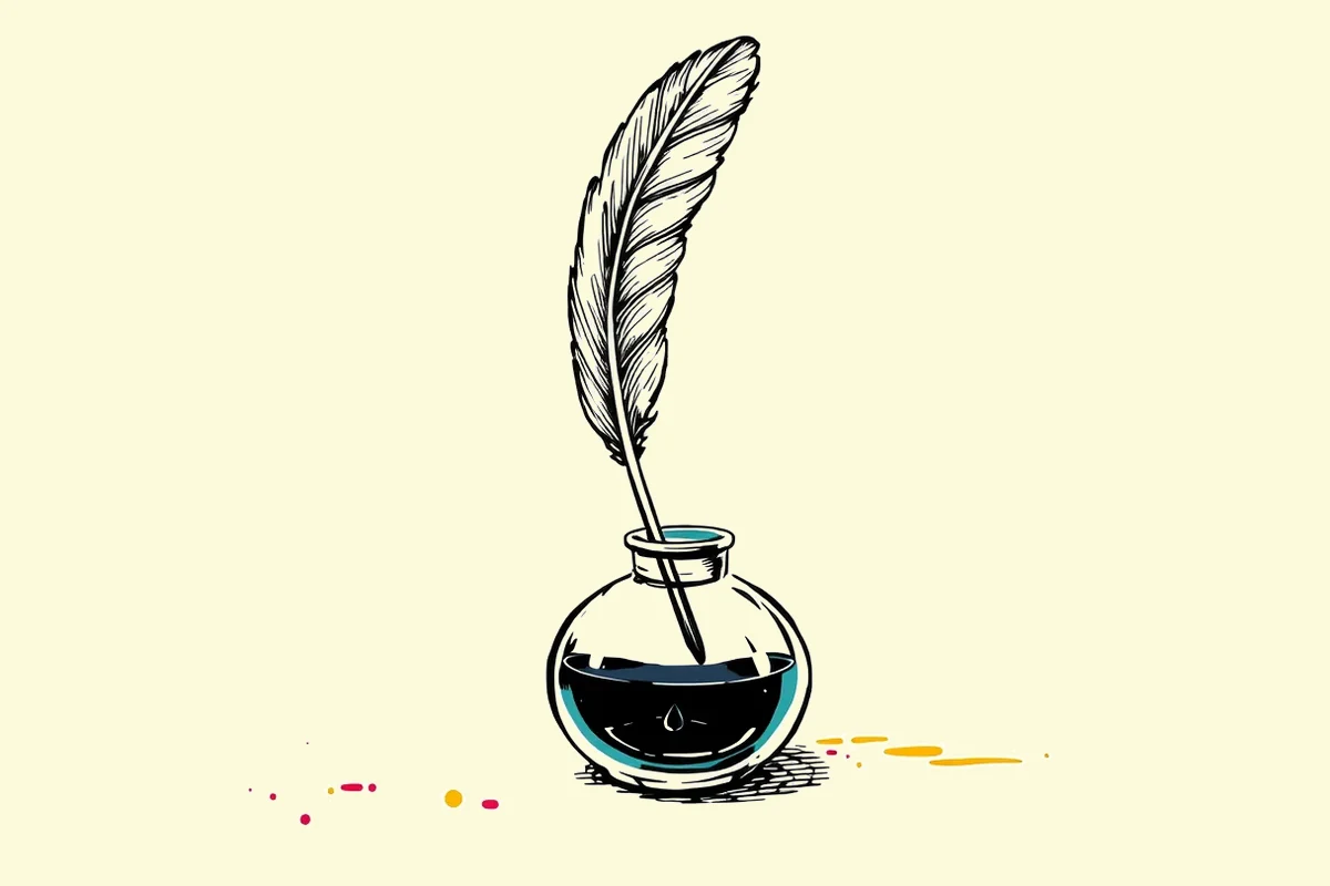 Une grande plume d'oie plantée dans un encrier de verre, une goutte d'encre à sa pointe, dessinée à l'encre sur trame d'imprimerie.